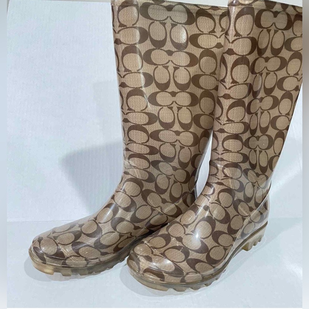 Coach Tan monogram tall slip on waterproof Y2K Patterned Women's Rain Boots 8
